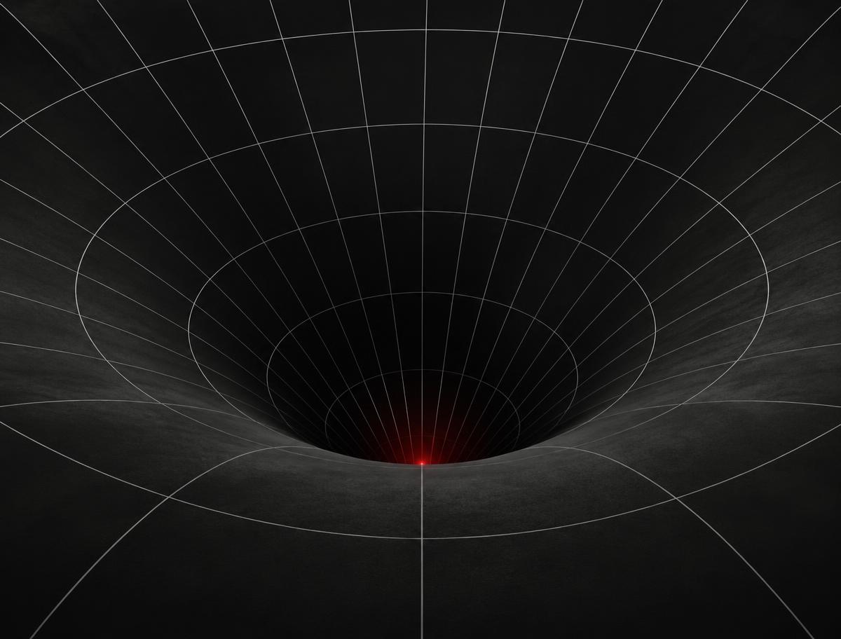 Technical grid funnel narrowing toward a single point of red light