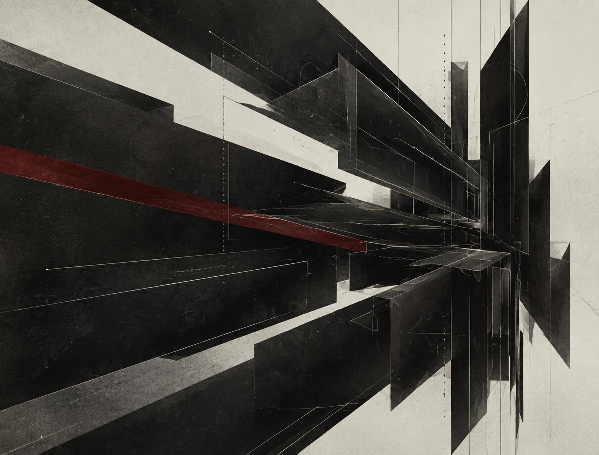 Fragmented geometric planes converging into one organised structure with a red accent