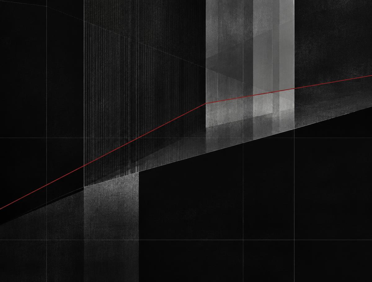 Abstract architectural planes with a single red signal line tracing upward